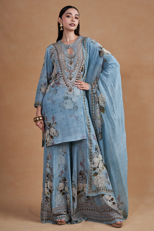 Aqua Blue Sharara Set With Swaovski Detailing