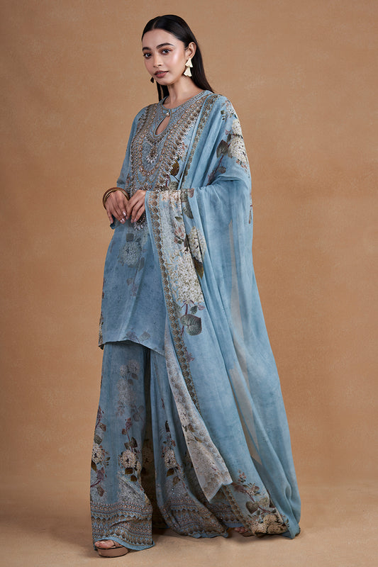 Aqua Blue Sharara Set With Swaovski Detailing