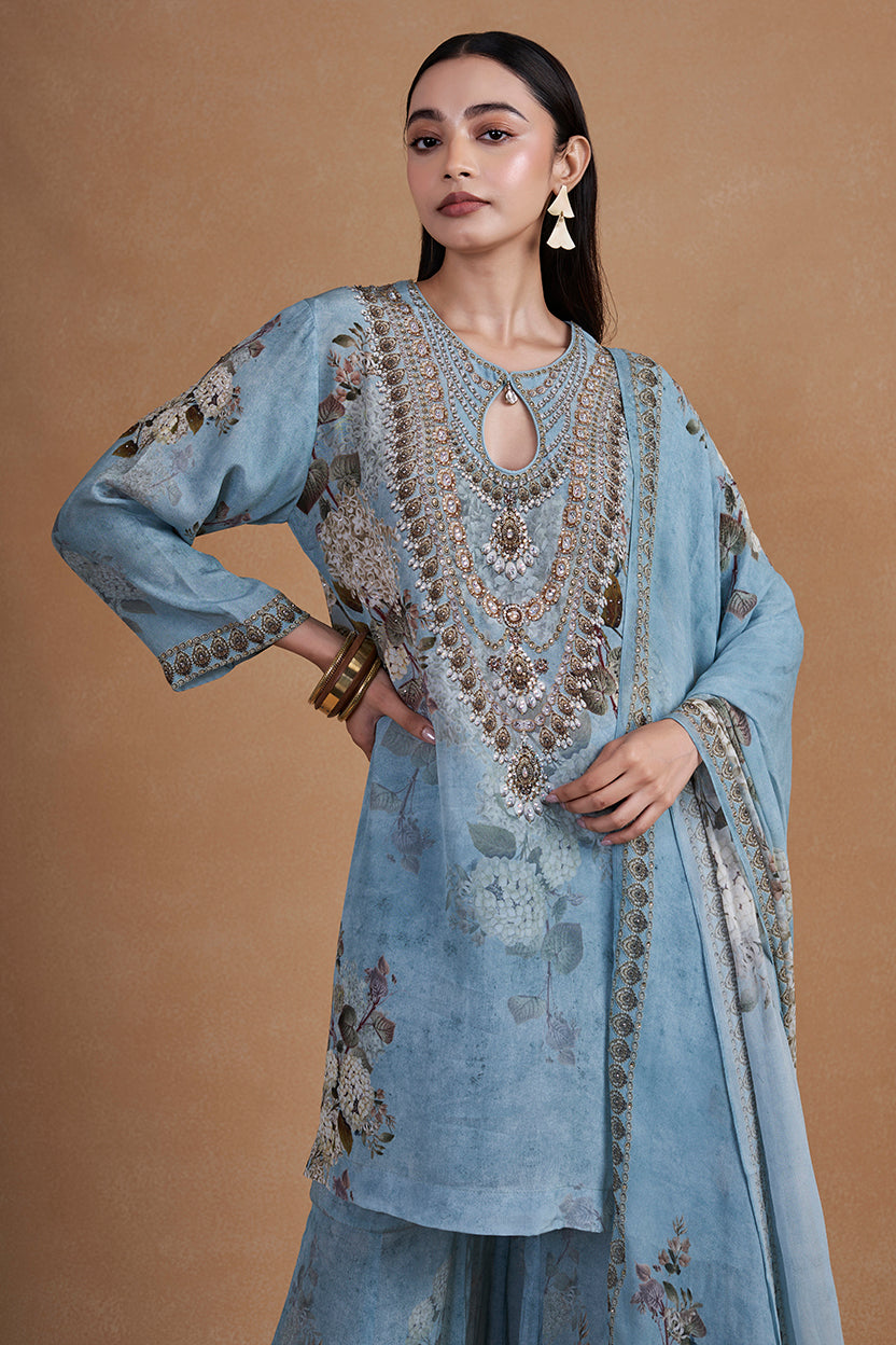 Aqua Blue Sharara Set With Swaovski Detailing