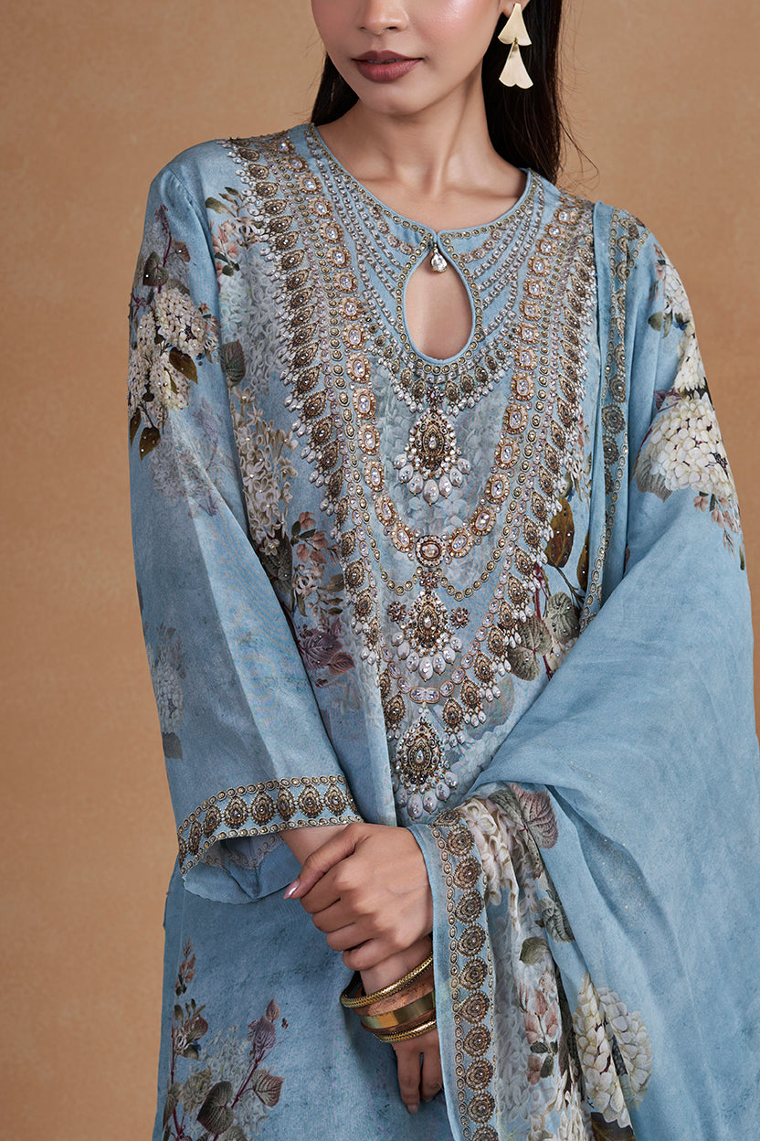Aqua Blue Sharara Set With Swaovski Detailing