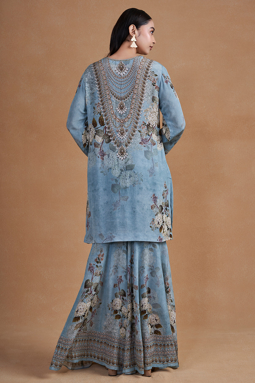 Aqua Blue Sharara Set With Swaovski Detailing