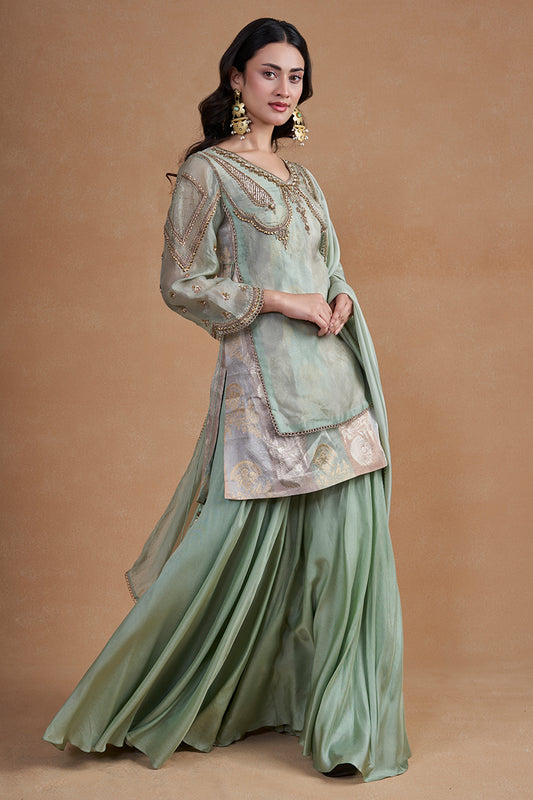 Sea Green Sharara Set With Brocade Top