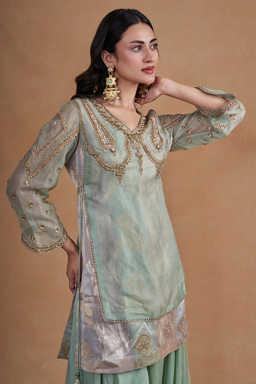 Sea Green Sharara Set With Brocade Top