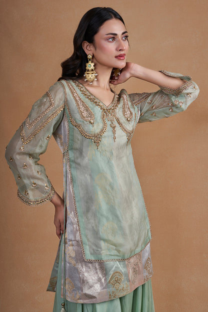 Sea Green Sharara Set With Brocade Top