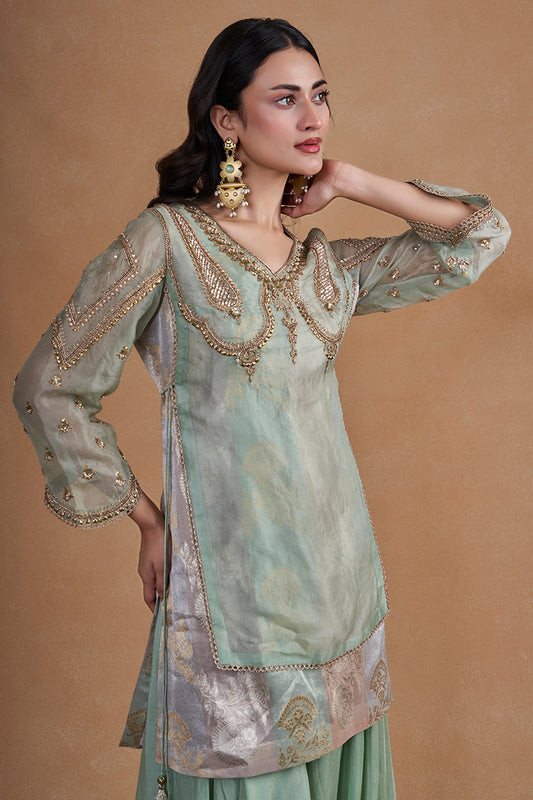 Sea Green Sharara Set With Brocade Top