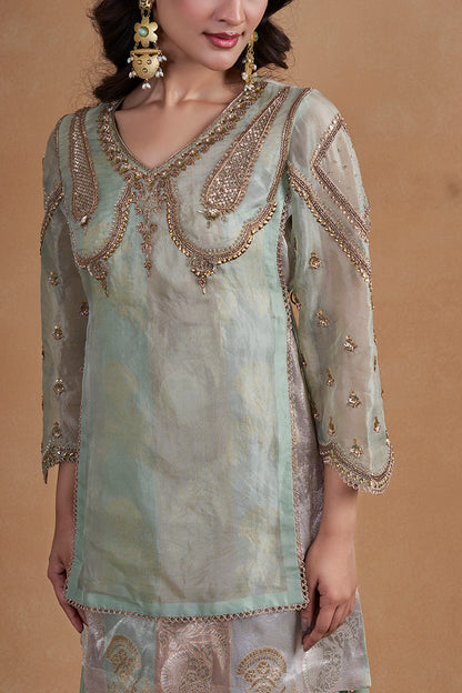 Sea Green Sharara Set With Brocade Top