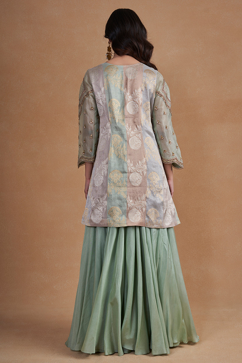 Sea Green Sharara Set With Brocade Top