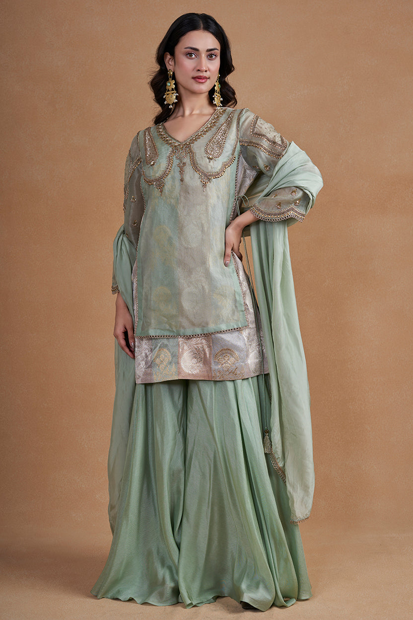 Sea Green Sharara Set With Brocade Top