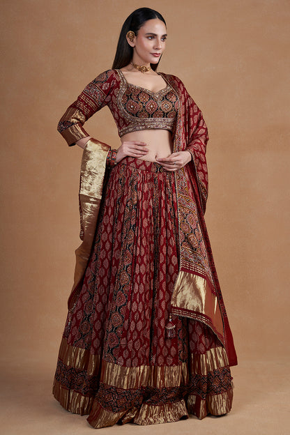Maroon Ajrakh Lehenga Set