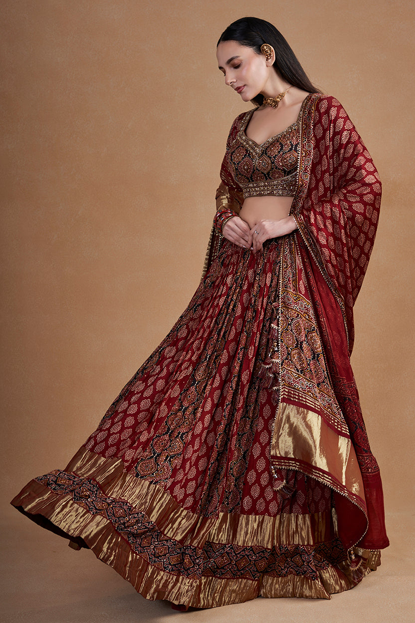 Maroon Ajrakh Lehenga Set