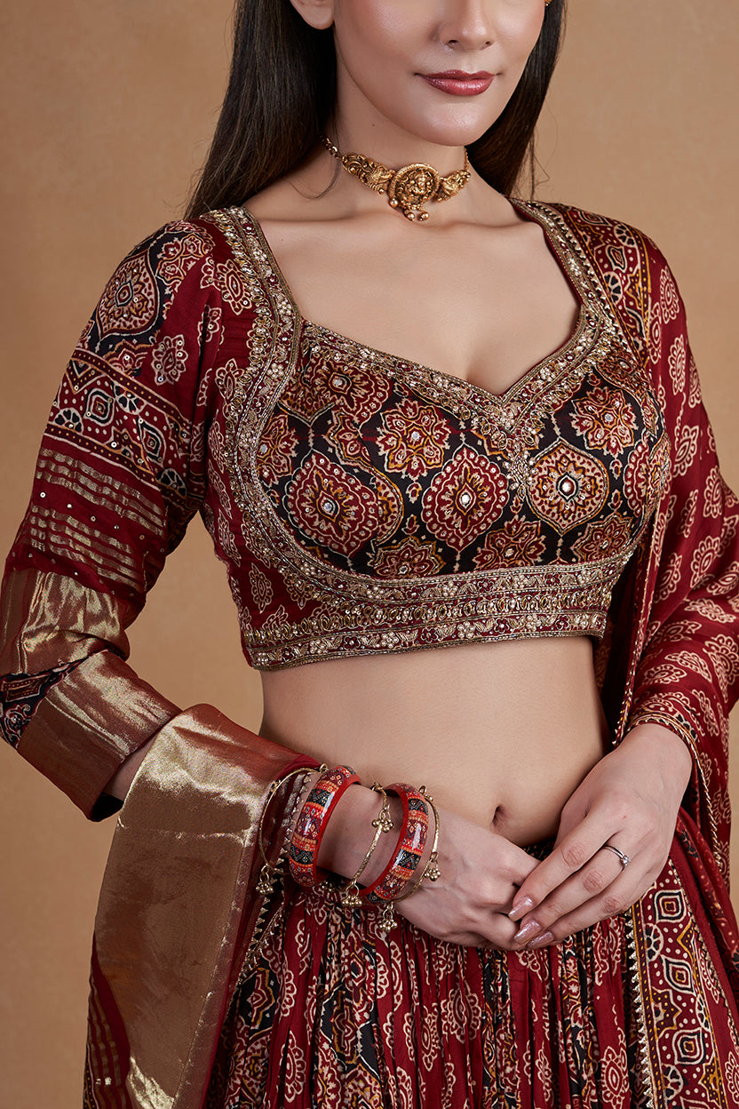 Maroon Ajrakh Lehenga Set