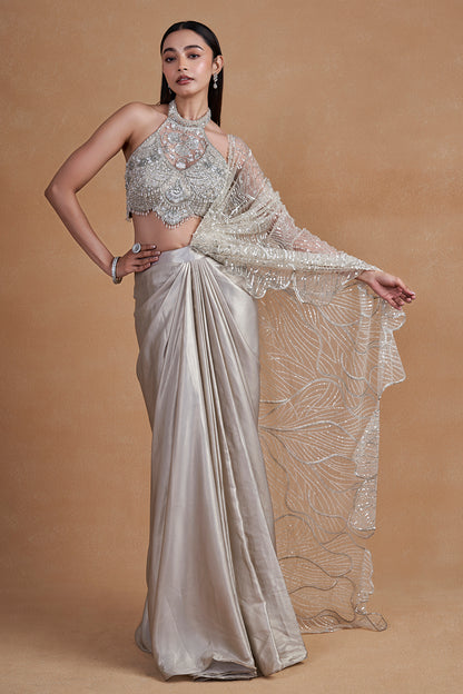 Silver Cocktail Drape Saree With Crystal Detailing