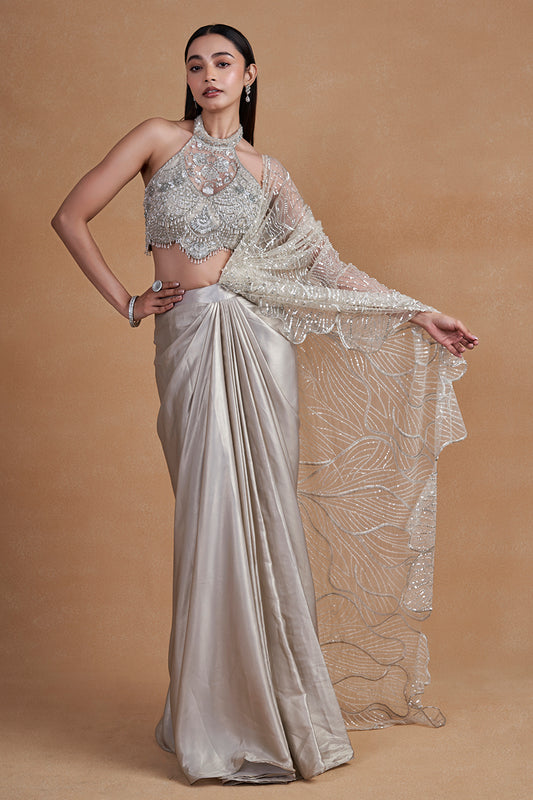 Silver Cocktail Drape Saree With Crystal Detailing