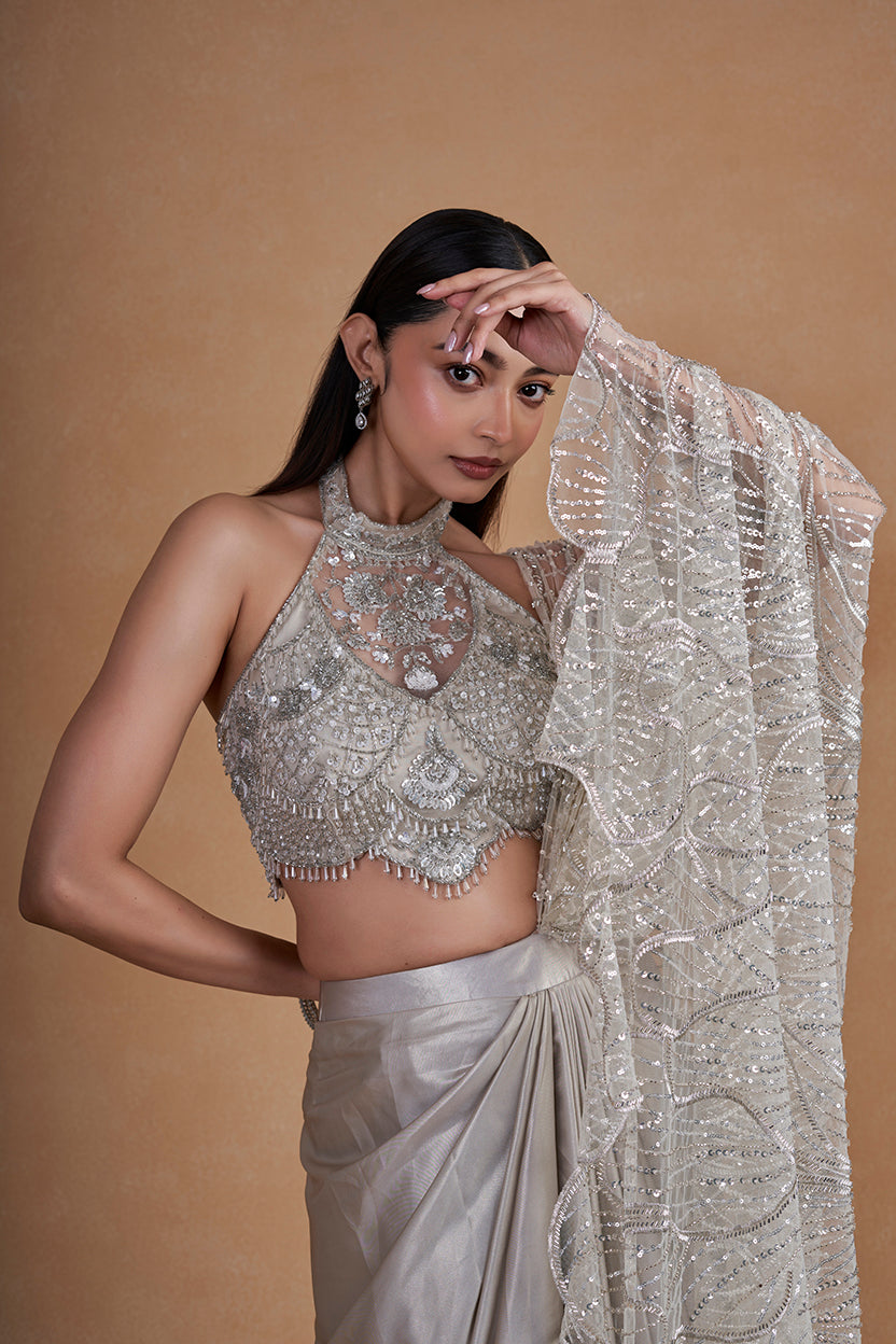 Silver Cocktail Drape Saree With Crystal Detailing