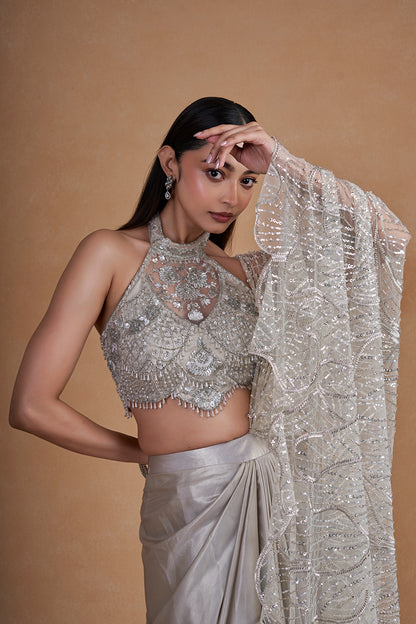 Silver Cocktail Drape Saree With Crystal Detailing