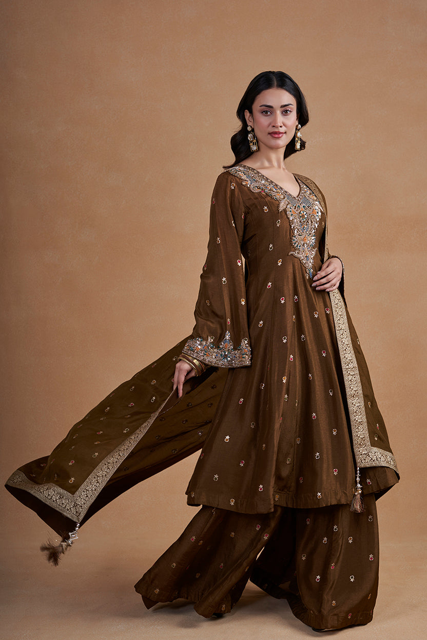 Brown Suit Set With Palazzo Pants  And Banarasi Dupatta