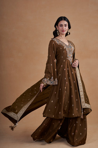 Brown Suit Set With Palazzo Pants  And Banarasi Dupatta