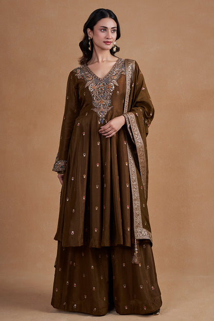 Brown Suit Set With Palazzo Pants  And Banarasi Dupatta