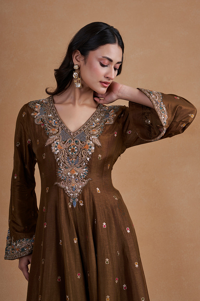Brown Suit Set With Palazzo Pants  And Banarasi Dupatta