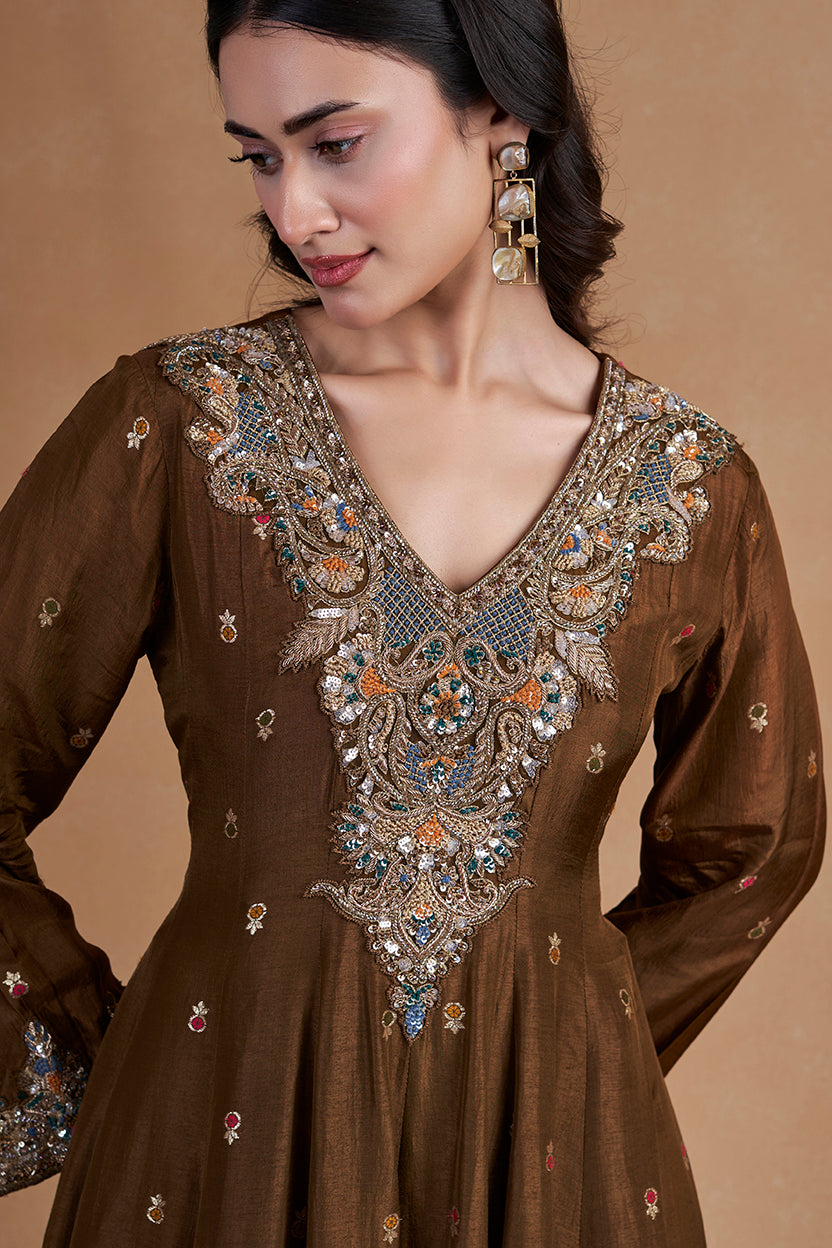 Brown Suit Set With Palazzo Pants  And Banarasi Dupatta