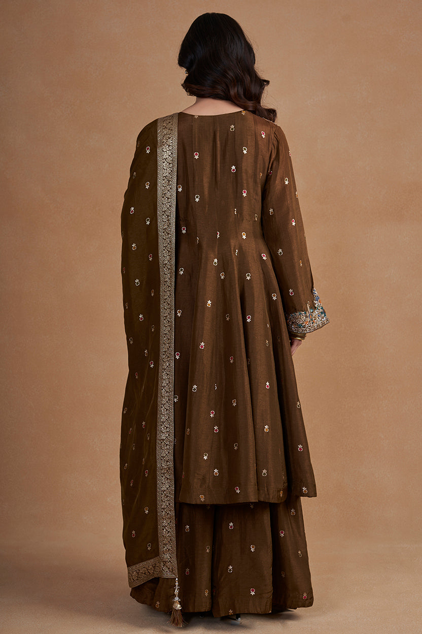 Brown Suit Set With Palazzo Pants  And Banarasi Dupatta