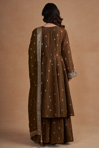 Brown Suit Set With Palazzo Pants  And Banarasi Dupatta