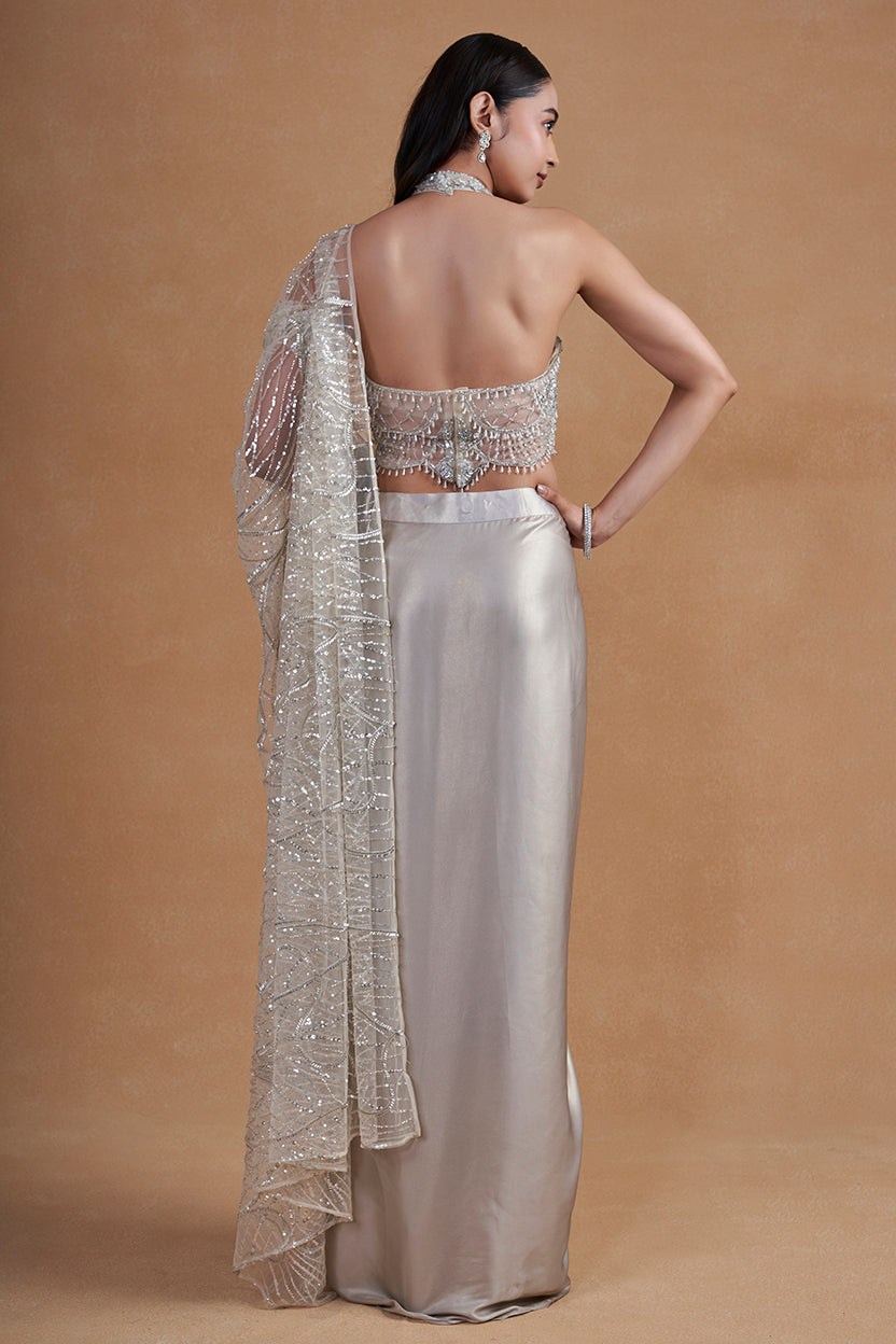 Silver Cocktail Drape Saree With Crystal Detailing