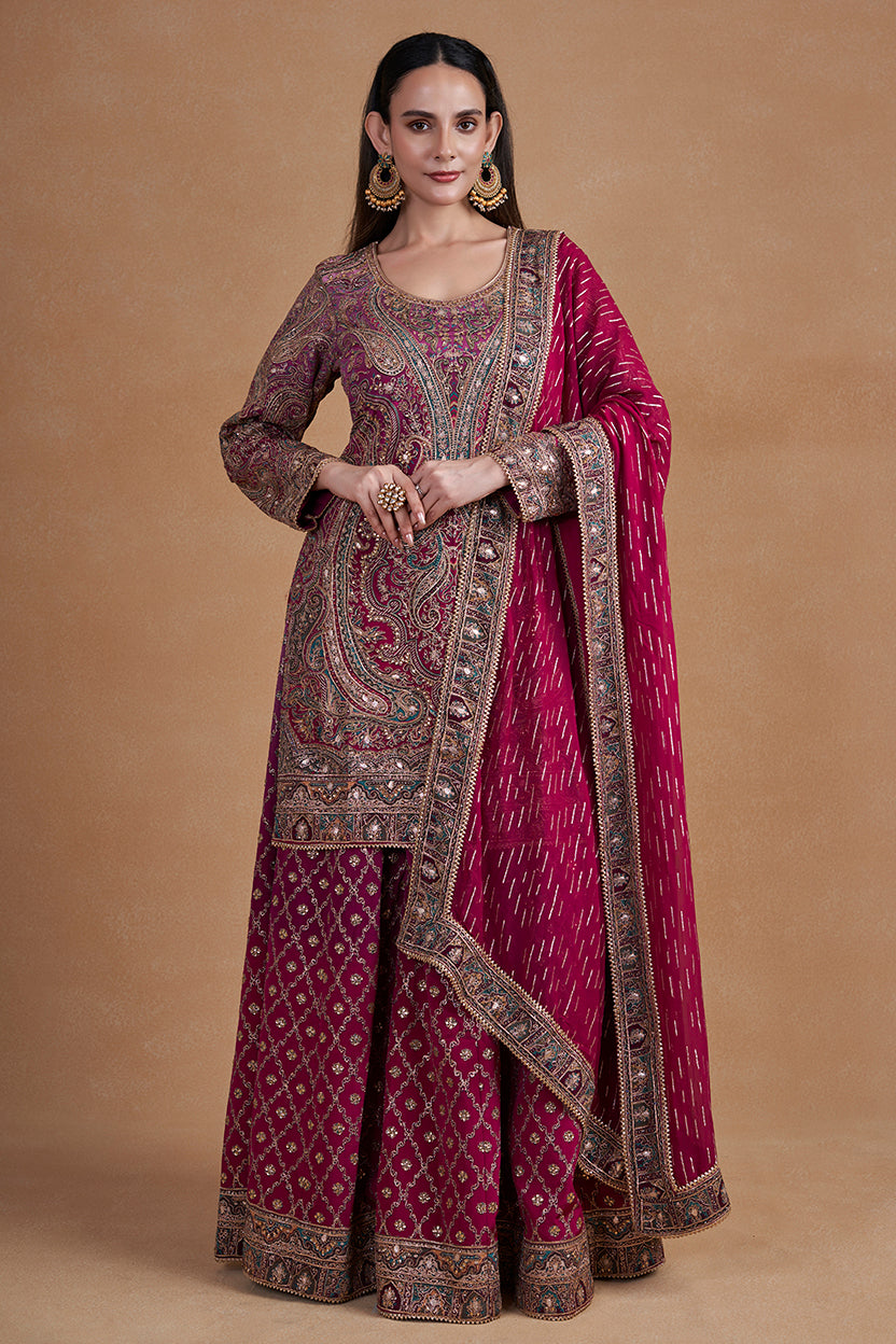 Magenta Sharara Set With Aari Work