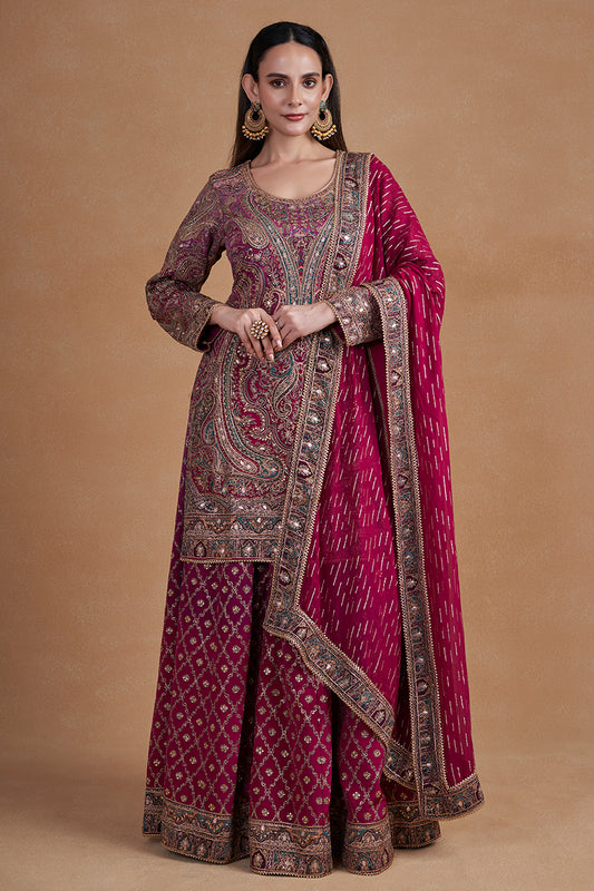 Magenta Sharara Set With Aari Work