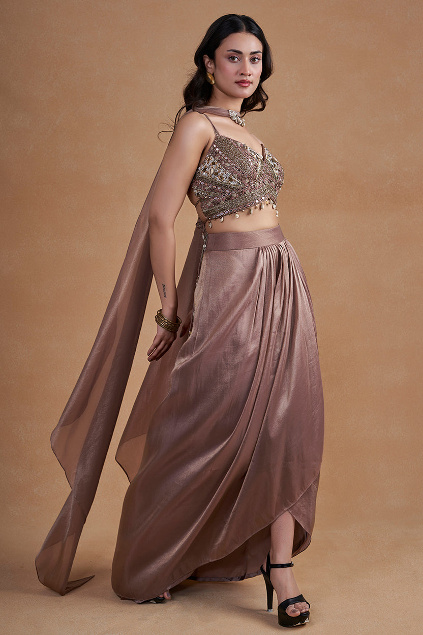 Mauve Brown Indo-Western Set With Cowrie & Mirror Detailing