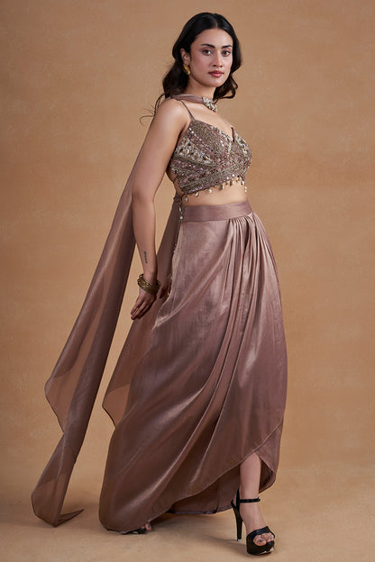Mauve Brown Indo-Western Set With Cowrie & Mirror Detailing