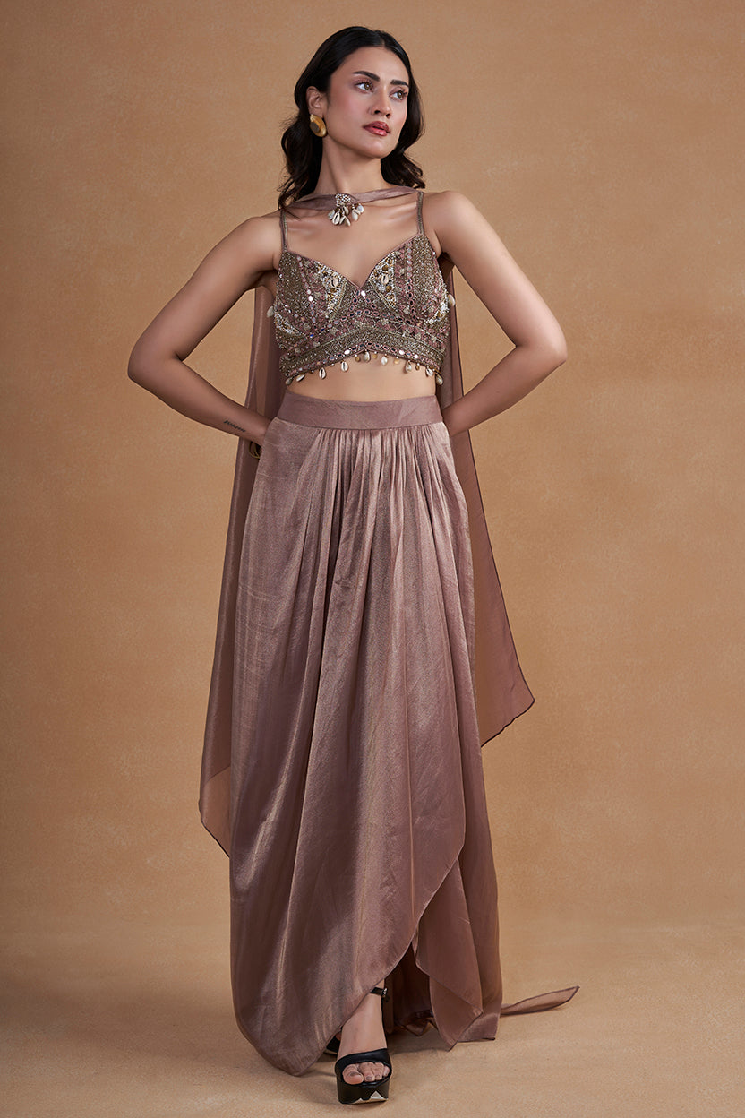Mauve Brown Indo-Western Set With Cowrie & Mirror Detailing