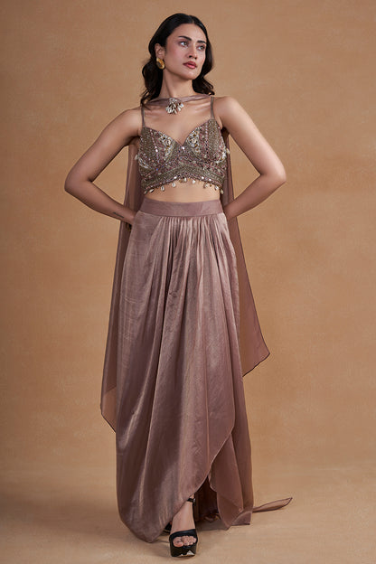 Mauve Brown Indo-Western Set With Cowrie & Mirror Detailing