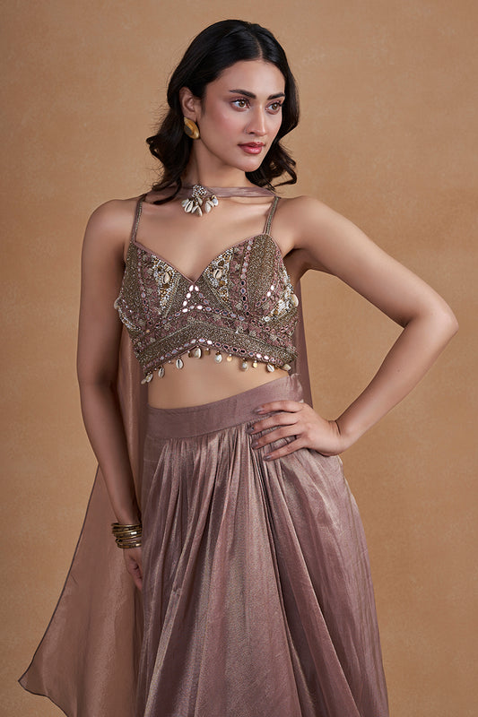 Mauve Brown Indo-Western Set With Cowrie & Mirror Detailing