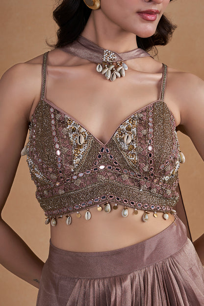 Mauve Brown Indo-Western Set With Cowrie & Mirror Detailing