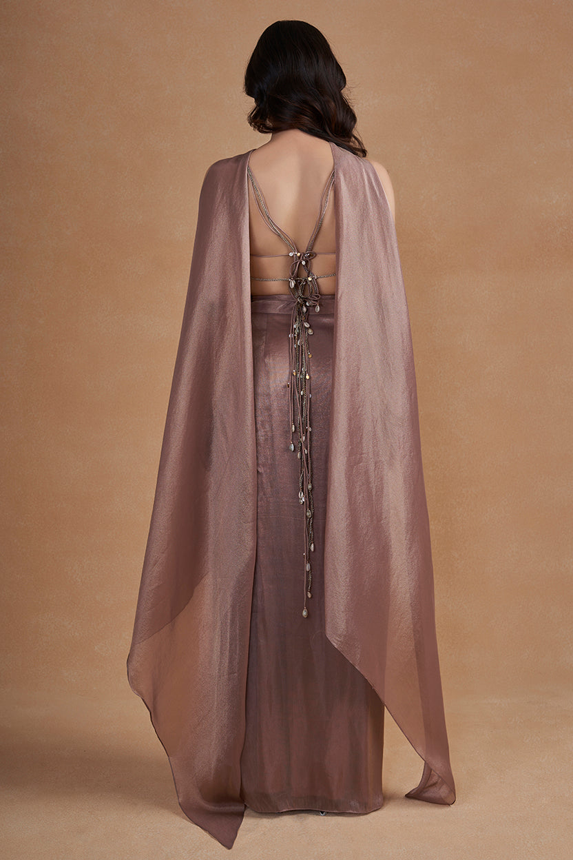Mauve Brown Indo-Western Set With Cowrie & Mirror Detailing