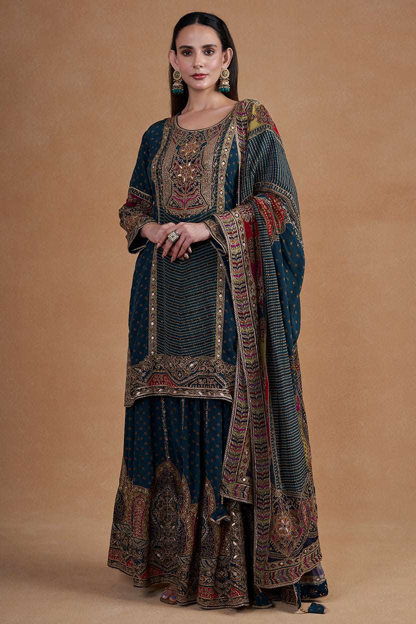 Teal Sharara Set With Dupatta