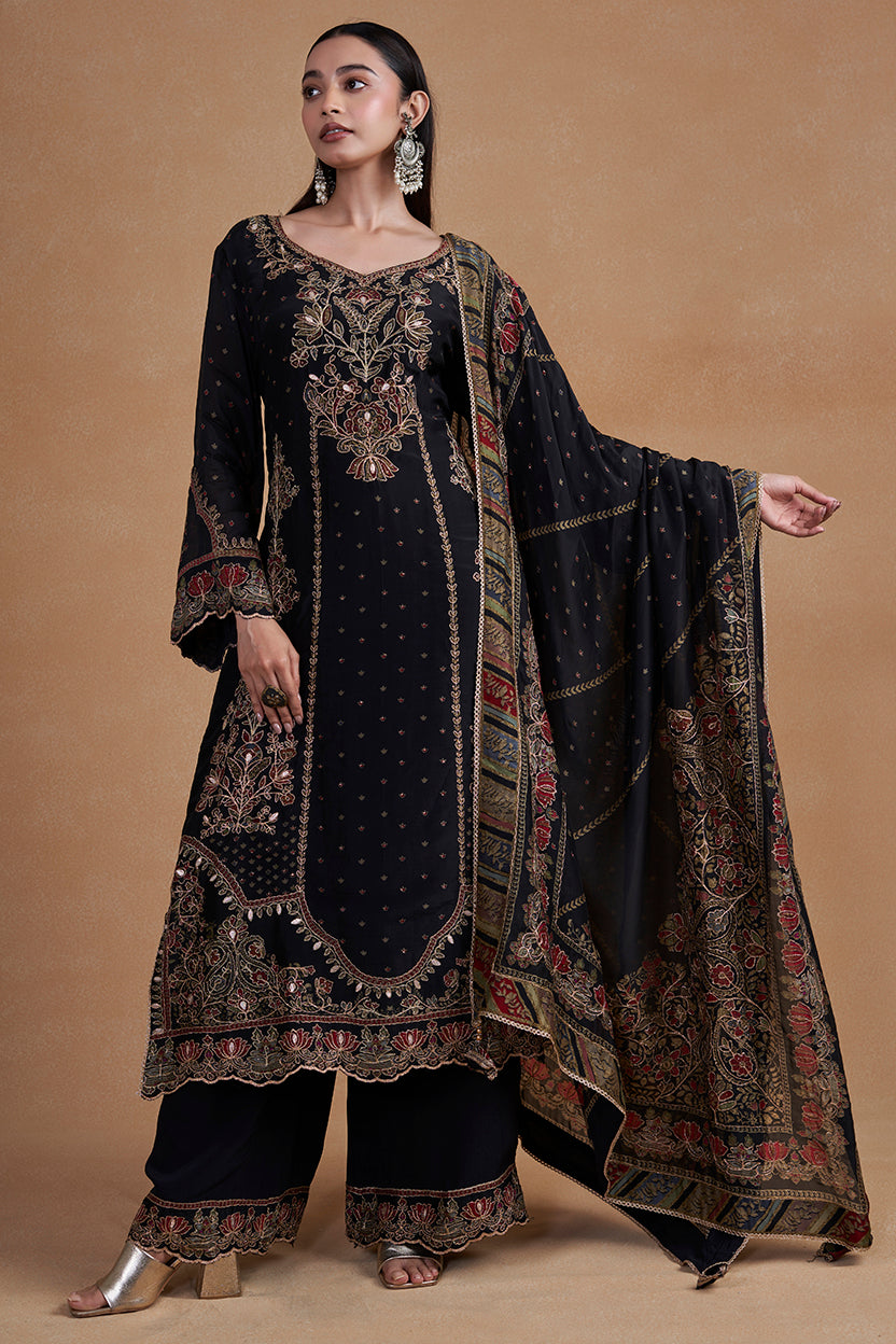 Black Suit Set With Aari Detailing