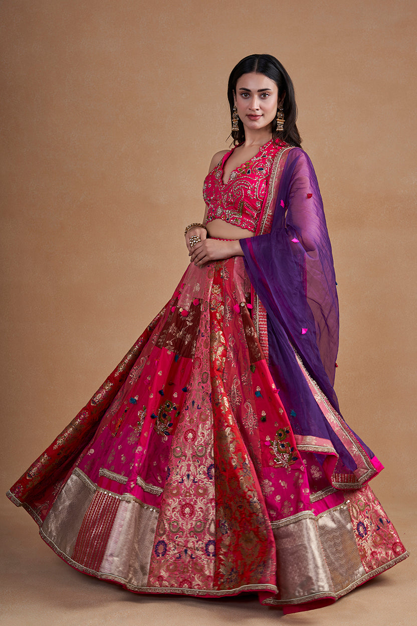 Rani Multicolour Banarasi Lehenga Set With Handwork And Pearl Detailing