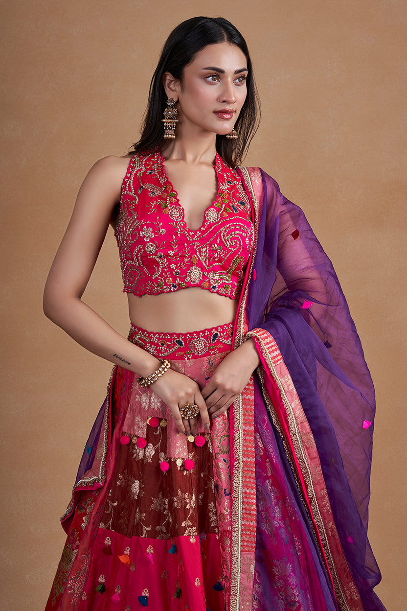 Rani Multicolour Banarasi Lehenga Set With Handwork And Pearl Detailing