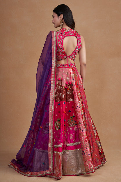 Rani Multicolour Banarasi Lehenga Set With Handwork And Pearl Detailing