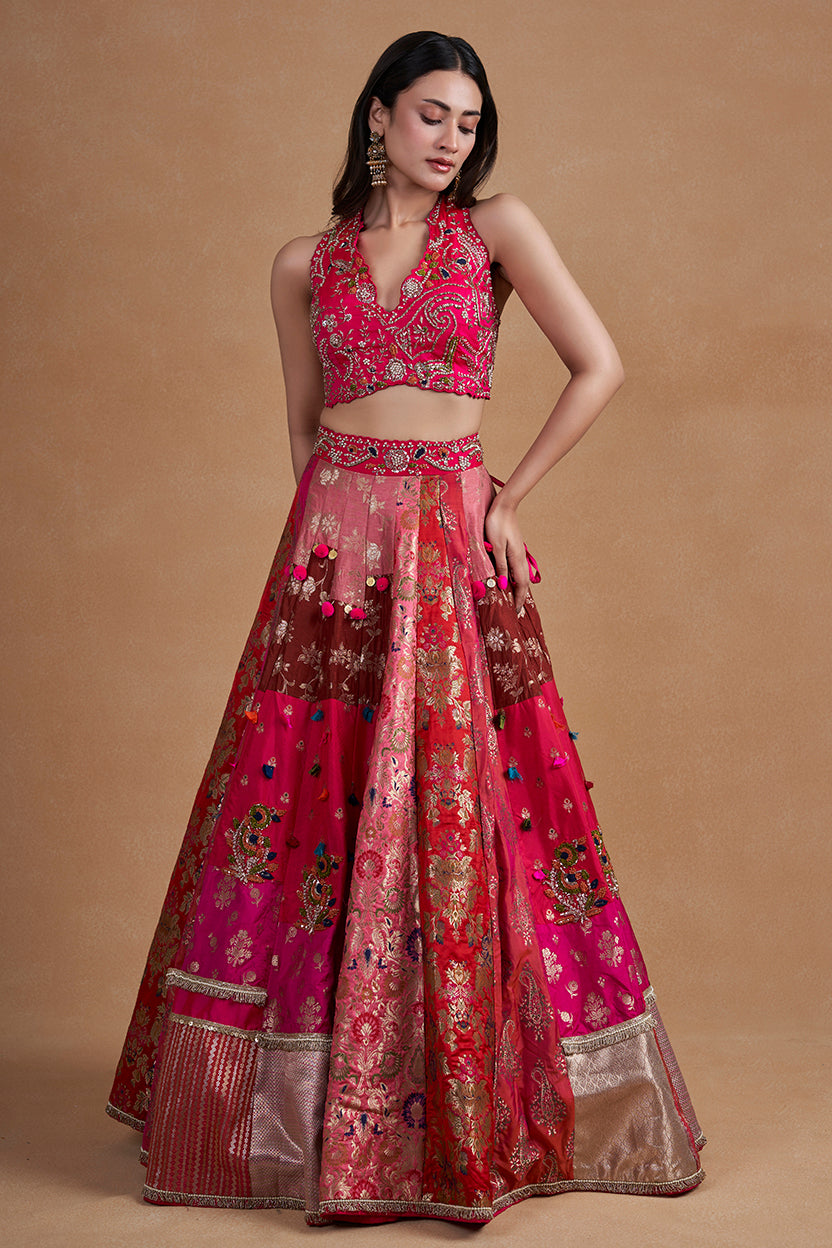 Rani Multicolour Banarasi Lehenga Set With Handwork And Pearl Detailing