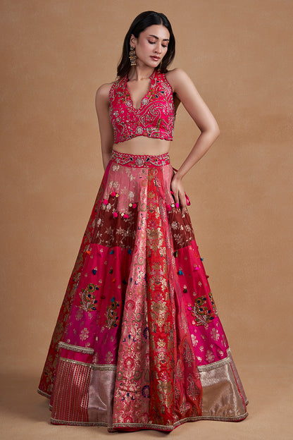 Rani Multicolour Banarasi Lehenga Set With Handwork And Pearl Detailing