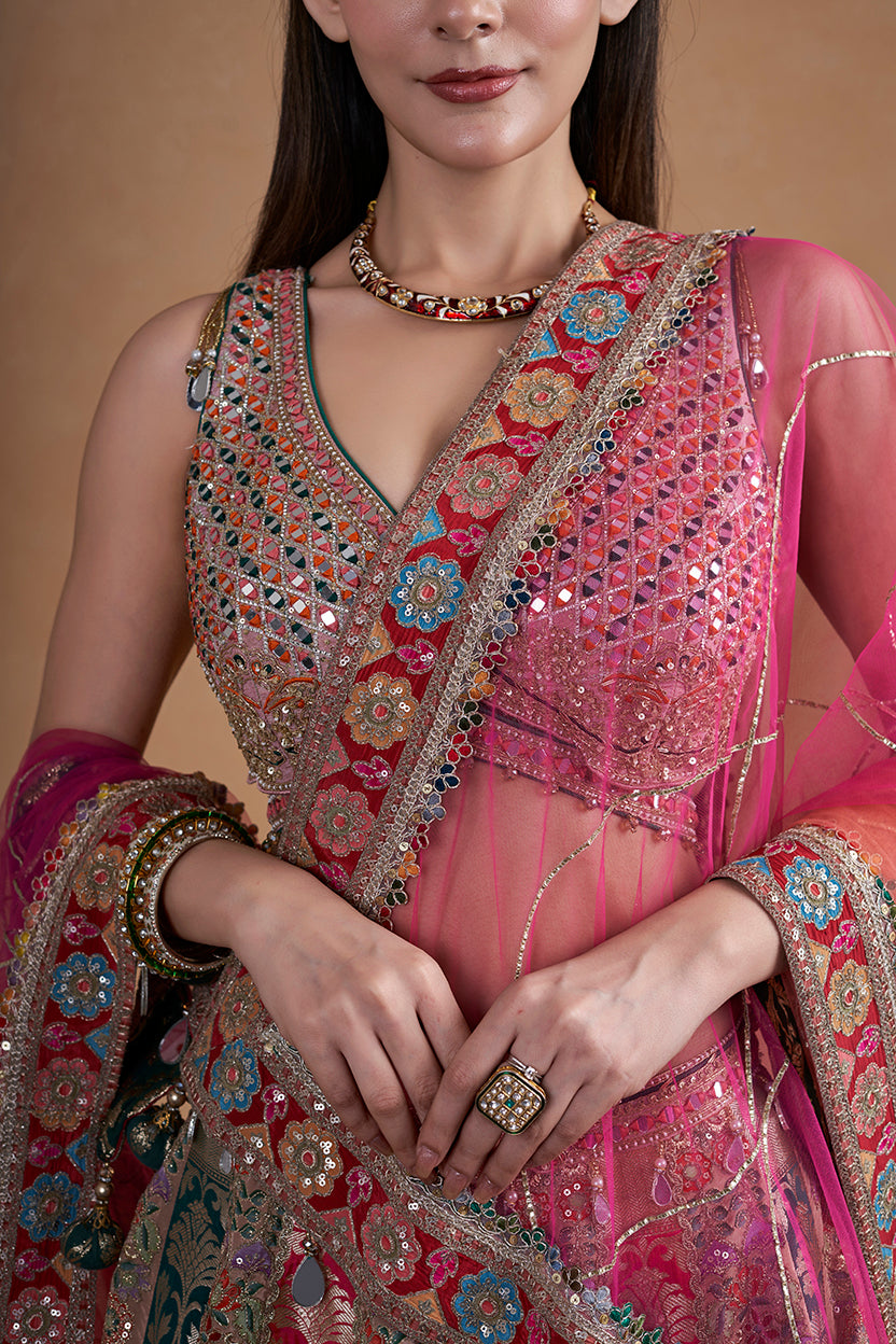 Multicolour Banarasi Lehenga Set With Mirror Work Detailing