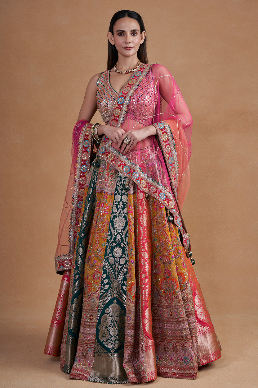 Multicolour Banarasi Lehenga Set With Mirror Work Detailing
