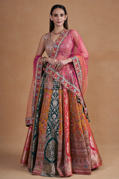 Multicolour Banarasi Lehenga Set With Mirror Work Detailing