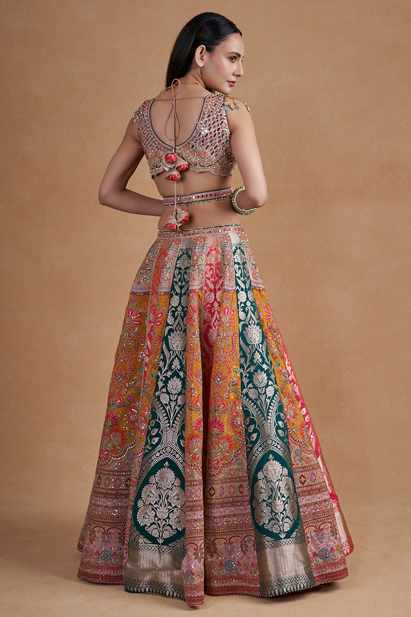 Multicolour Banarasi Lehenga Set With Mirror Work Detailing