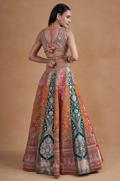 Multicolour Banarasi Lehenga Set With Mirror Work Detailing