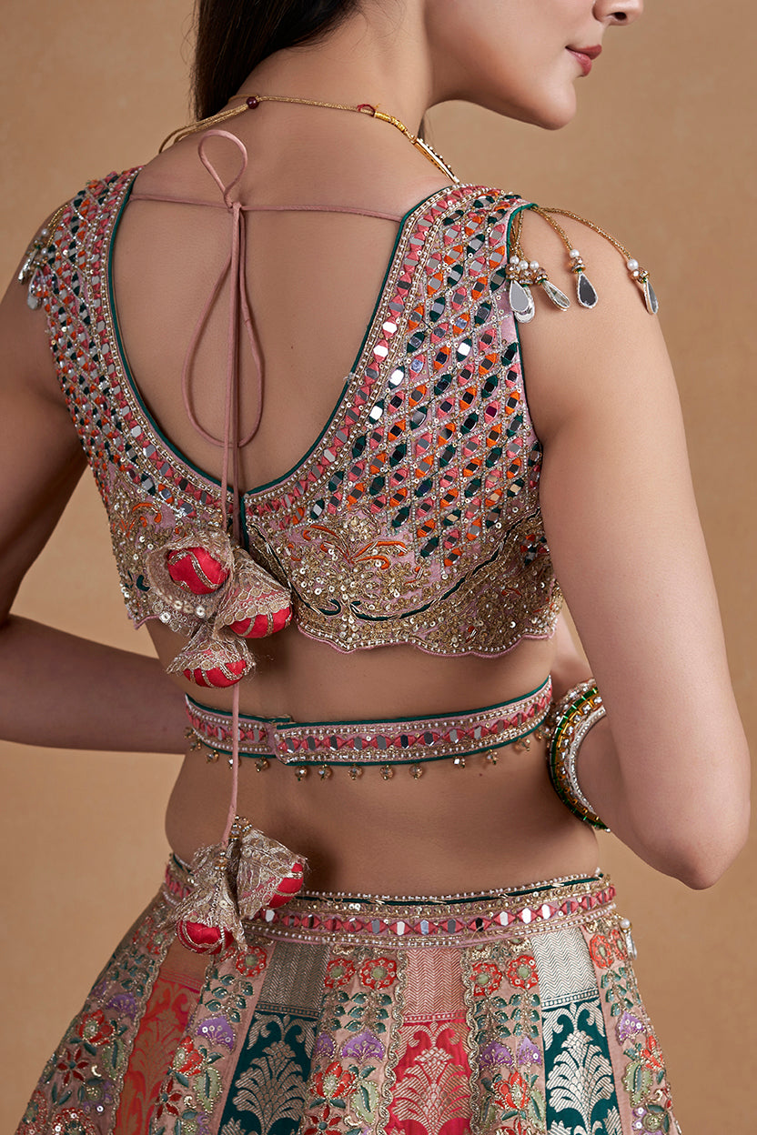 Multicolour Banarasi Lehenga Set With Mirror Work Detailing