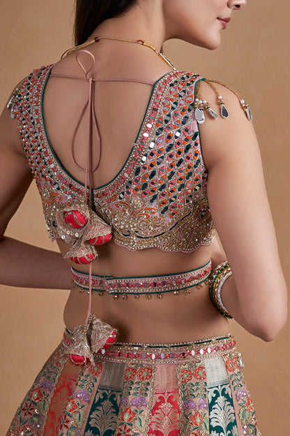 Multicolour Banarasi Lehenga Set With Mirror Work Detailing